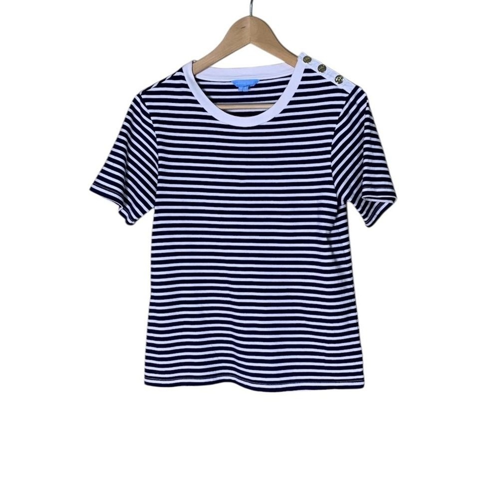 Draper James Nautical Striped T-Shirt Navy White Gold Buttons Cotton ‎Women's S